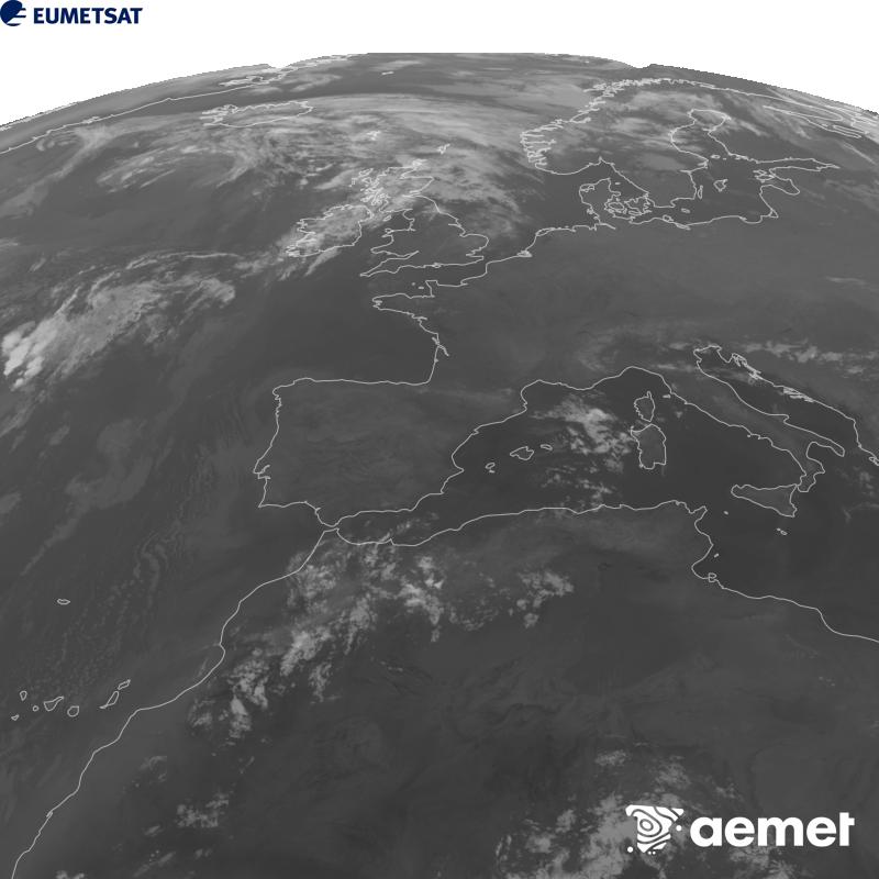 Irudi hau METEOSAT-12 satelitearen 10.5 �m Infragorri kanaleko informazioa erabiliz sortzen da, Meteosat (MTG) sateliteen hirugarren belaunaldikoa. Irudiak giza begiaren pertzepzioaren antz handiagoa izan dezan, grisen eskala alderantzizkoa da. Ordu horiek penintsulari dagozkio (ordubete gutxiago Kanariar Uharteetan).&nbsp;asteazkena, 2026ko abuztuak 12, ordua: 05:00