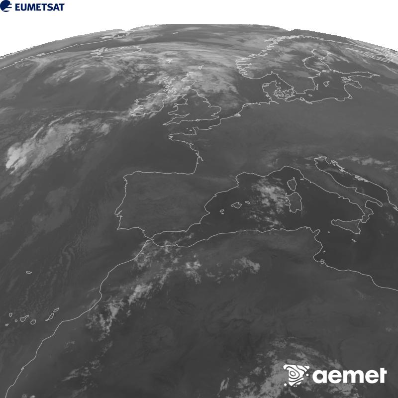 Irudi hau METEOSAT-12 satelitearen 10.5 �m Infragorri kanaleko informazioa erabiliz sortzen da, Meteosat (MTG) sateliteen hirugarren belaunaldikoa. Irudiak giza begiaren pertzepzioaren antz handiagoa izan dezan, grisen eskala alderantzizkoa da. Ordu horiek penintsulari dagozkio (ordubete gutxiago Kanariar Uharteetan).&nbsp;asteazkena, 2026ko abuztuak 12, ordua: 06:00