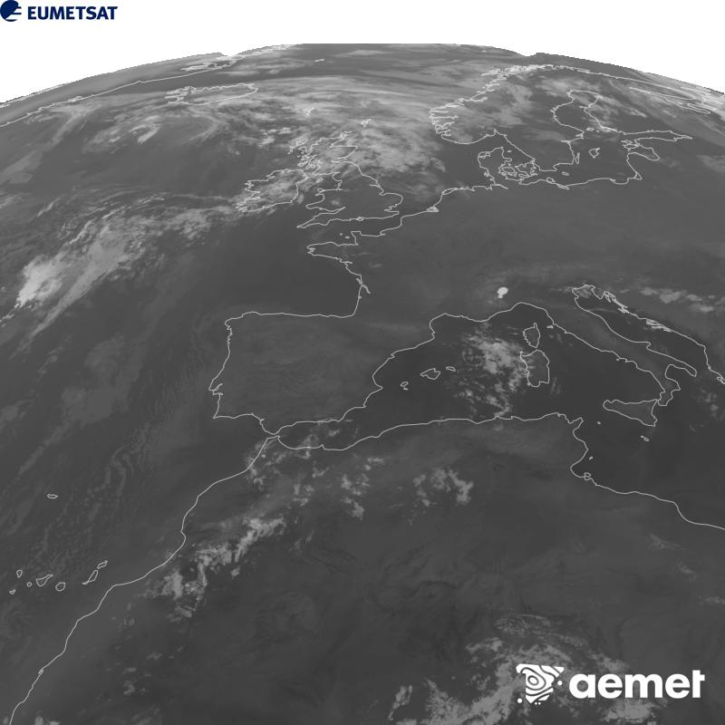 Irudi hau METEOSAT-12 satelitearen 10.5 �m Infragorri kanaleko informazioa erabiliz sortzen da, Meteosat (MTG) sateliteen hirugarren belaunaldikoa. Irudiak giza begiaren pertzepzioaren antz handiagoa izan dezan, grisen eskala alderantzizkoa da. Ordu horiek penintsulari dagozkio (ordubete gutxiago Kanariar Uharteetan).&nbsp;asteazkena, 2026ko abuztuak 12, ordua: 07:00