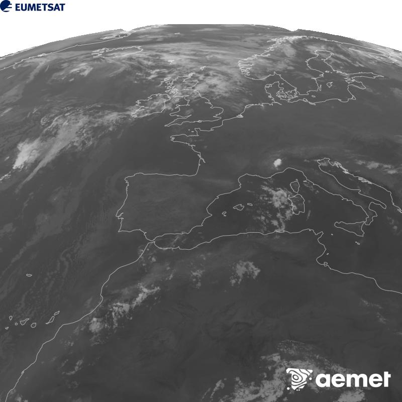 Irudi hau METEOSAT-12 satelitearen 10.5 �m Infragorri kanaleko informazioa erabiliz sortzen da, Meteosat (MTG) sateliteen hirugarren belaunaldikoa. Irudiak giza begiaren pertzepzioaren antz handiagoa izan dezan, grisen eskala alderantzizkoa da. Ordu horiek penintsulari dagozkio (ordubete gutxiago Kanariar Uharteetan).&nbsp;asteazkena, 2026ko abuztuak 12, ordua: 08:00