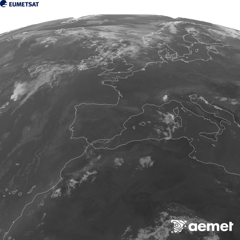 Irudi hau METEOSAT-12 satelitearen 10.5 �m Infragorri kanaleko informazioa erabiliz sortzen da, Meteosat (MTG) sateliteen hirugarren belaunaldikoa. Irudiak giza begiaren pertzepzioaren antz handiagoa izan dezan, grisen eskala alderantzizkoa da. Ordu horiek penintsulari dagozkio (ordubete gutxiago Kanariar Uharteetan).&nbsp;asteazkena, 2026ko abuztuak 12, ordua: 09:00