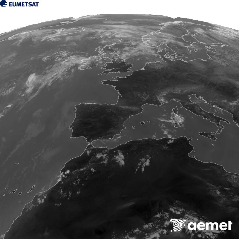 Irudi hau METEOSAT-12 satelitearen 10.5 �m Infragorri kanaleko informazioa erabiliz sortzen da, Meteosat (MTG) sateliteen hirugarren belaunaldikoa. Irudiak giza begiaren pertzepzioaren antz handiagoa izan dezan, grisen eskala alderantzizkoa da. Ordu horiek penintsulari dagozkio (ordubete gutxiago Kanariar Uharteetan).&nbsp;asteazkena, 2026ko abuztuak 12, ordua: 13:00