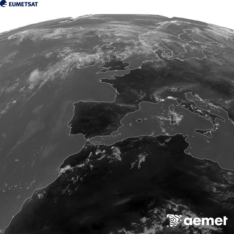 Irudi hau METEOSAT-12 satelitearen 10.5 �m Infragorri kanaleko informazioa erabiliz sortzen da, Meteosat (MTG) sateliteen hirugarren belaunaldikoa. Irudiak giza begiaren pertzepzioaren antz handiagoa izan dezan, grisen eskala alderantzizkoa da. Ordu horiek penintsulari dagozkio (ordubete gutxiago Kanariar Uharteetan).&nbsp;asteazkena, 2026ko abuztuak 12, ordua: 14:00