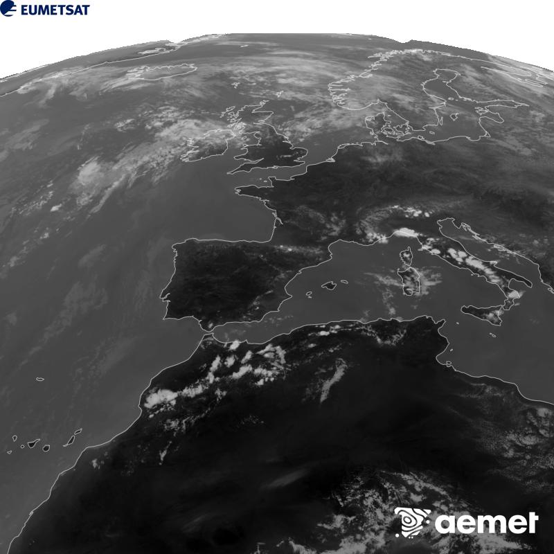 Irudi hau METEOSAT-12 satelitearen 10.5 �m Infragorri kanaleko informazioa erabiliz sortzen da, Meteosat (MTG) sateliteen hirugarren belaunaldikoa. Irudiak giza begiaren pertzepzioaren antz handiagoa izan dezan, grisen eskala alderantzizkoa da. Ordu horiek penintsulari dagozkio (ordubete gutxiago Kanariar Uharteetan).&nbsp;asteazkena, 2026ko abuztuak 12, ordua: 15:00