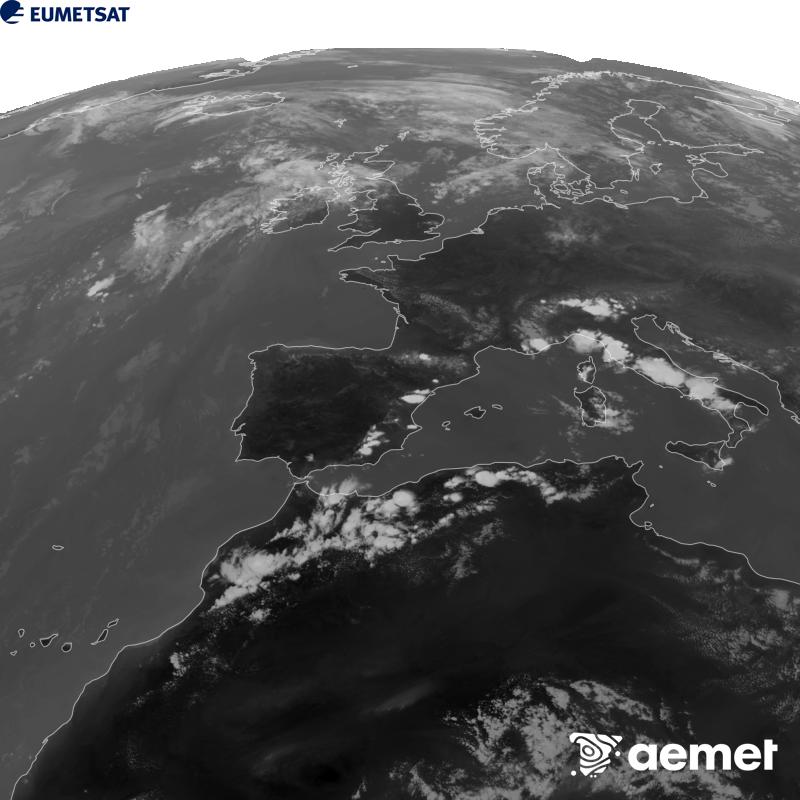 Irudi hau METEOSAT-12 satelitearen 10.5 �m Infragorri kanaleko informazioa erabiliz sortzen da, Meteosat (MTG) sateliteen hirugarren belaunaldikoa. Irudiak giza begiaren pertzepzioaren antz handiagoa izan dezan, grisen eskala alderantzizkoa da. Ordu horiek penintsulari dagozkio (ordubete gutxiago Kanariar Uharteetan).&nbsp;asteazkena, 2026ko abuztuak 12, ordua: 17:00