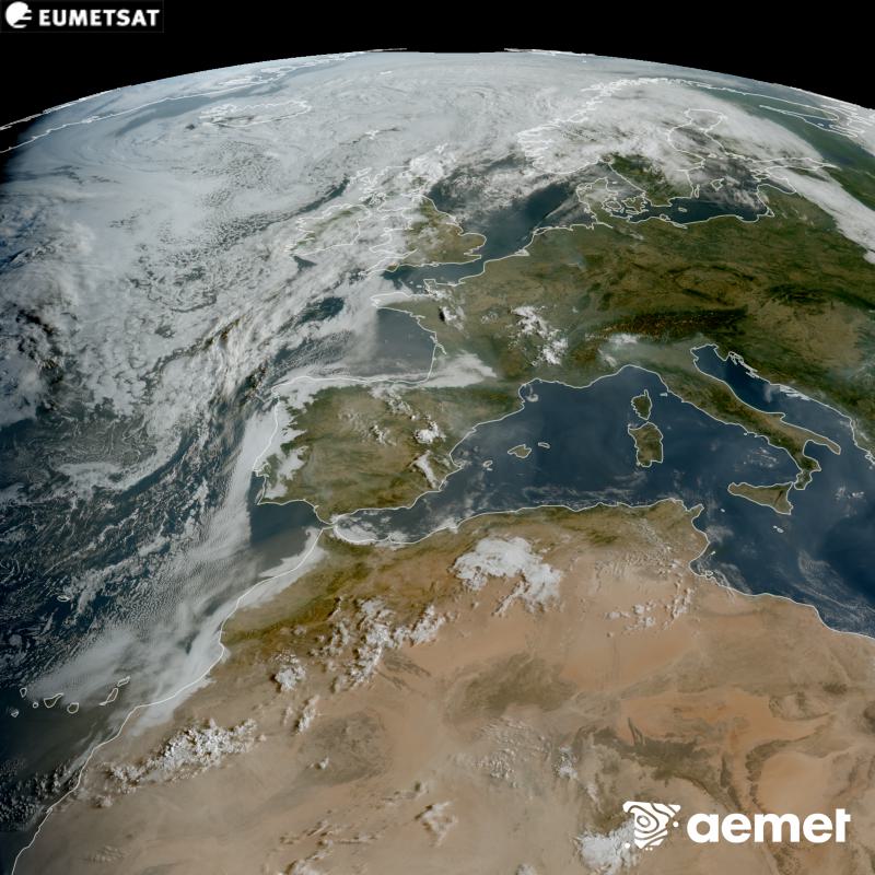 Esta imagen RGB se genera utilizando informaci�n de los canales visibles del sat�lite METEOSAT-12, perteneciente a la tercera generaci�n de sat�lites Meteosat (MTG). Por ese motivo, s�lo hay informaci�n en la zona iluminada por el sol. Nos muestra una imagen con una apariencia muy similar a la que percibir�a el ojo humano desde el espacio. Las horas indicadas se refieren a la pen�nsula (una hora menos en las Islas Canarias).&nbsp;viernes, 14 agosto 2026 a las 09:00