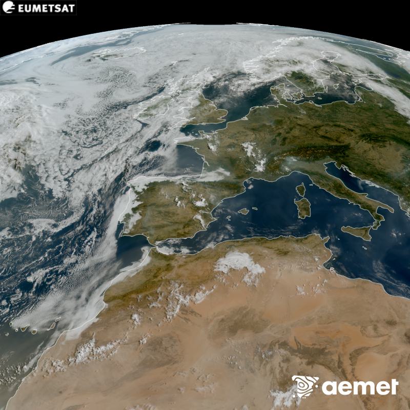 Esta imagen RGB se genera utilizando informaci�n de los canales visibles del sat�lite METEOSAT-12, perteneciente a la tercera generaci�n de sat�lites Meteosat (MTG). Por ese motivo, s�lo hay informaci�n en la zona iluminada por el sol. Nos muestra una imagen con una apariencia muy similar a la que percibir�a el ojo humano desde el espacio. Las horas indicadas se refieren a la pen�nsula (una hora menos en las Islas Canarias).&nbsp;viernes, 14 agosto 2026 a las 10:00