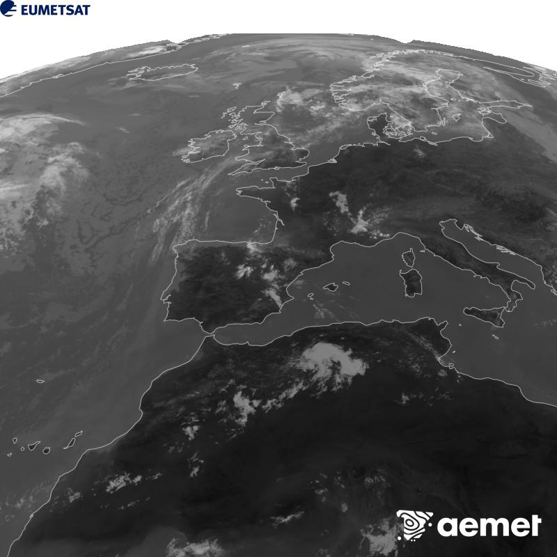 Esta imagen se genera utilizando informaci�n del canal Infrarrojo 10.5 �m del sat�lite METEOSAT-12, perteneciente a la tercera generaci�n de sat�lites Meteosat (MTG). Para que la imagen se asemeje m�s a la percepci�n del ojo humano, la escala de grises est� invertida. Las horas indicadas se refieren a la pen�nsula (una hora menos en las Islas Canarias).&nbsp;viernes, 14 agosto 2026 a las 12:00