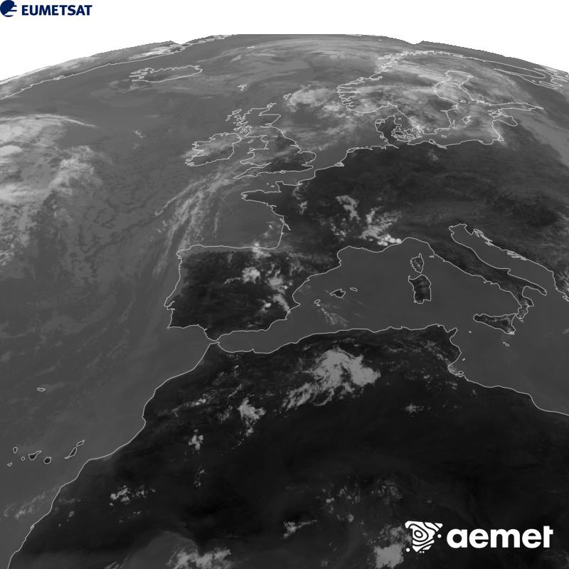 Esta imagen se genera utilizando informaci�n del canal Infrarrojo 10.5 �m del sat�lite METEOSAT-12, perteneciente a la tercera generaci�n de sat�lites Meteosat (MTG). Para que la imagen se asemeje m�s a la percepci�n del ojo humano, la escala de grises est� invertida. Las horas indicadas se refieren a la pen�nsula (una hora menos en las Islas Canarias).&nbsp;viernes, 14 agosto 2026 a las 13:00