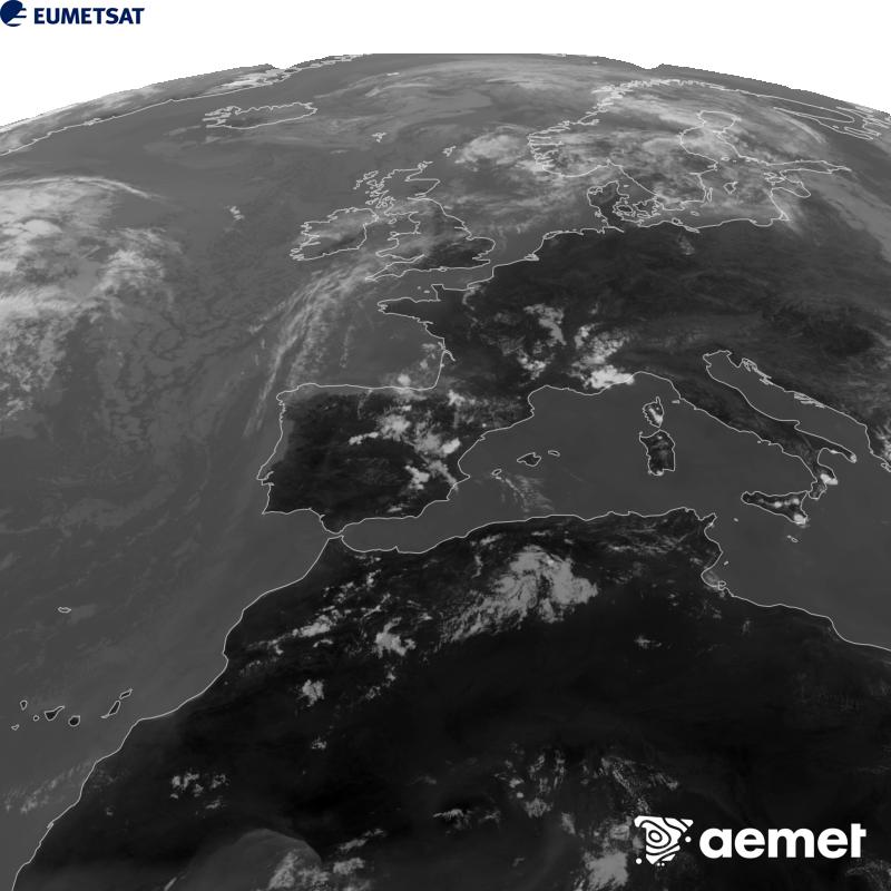 Esta imagen se genera utilizando informaci�n del canal Infrarrojo 10.5 �m del sat�lite METEOSAT-12, perteneciente a la tercera generaci�n de sat�lites Meteosat (MTG). Para que la imagen se asemeje m�s a la percepci�n del ojo humano, la escala de grises est� invertida. Las horas indicadas se refieren a la pen�nsula (una hora menos en las Islas Canarias).&nbsp;viernes, 14 agosto 2026 a las 14:00
