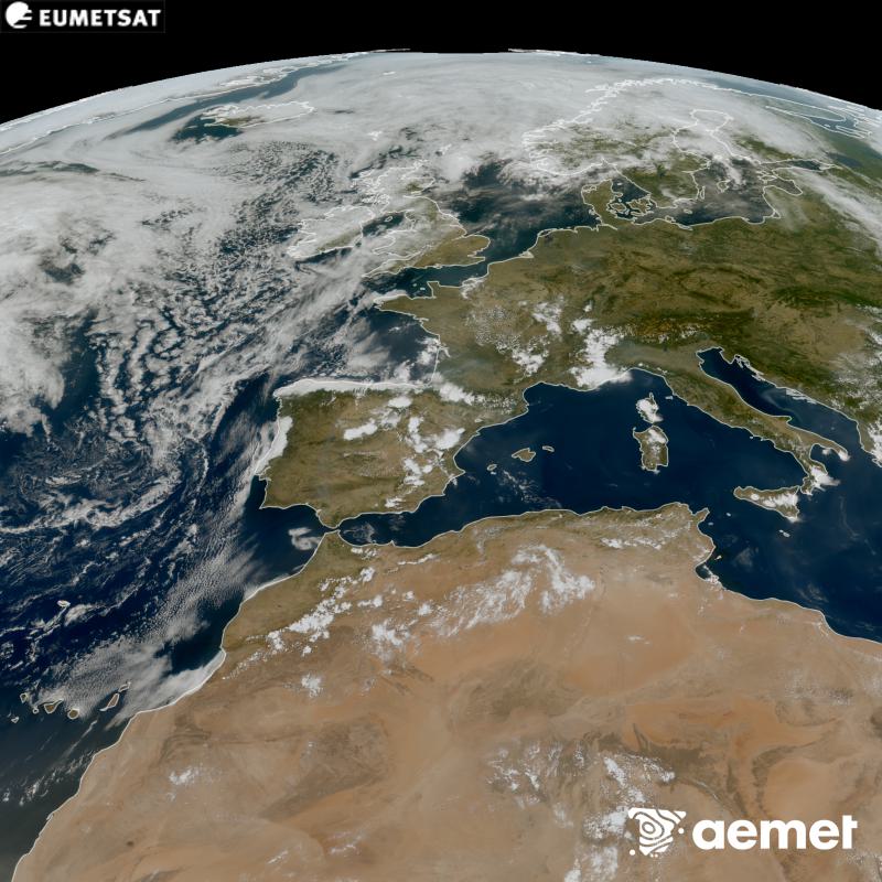 Esta imagen RGB se genera utilizando informaci�n de los canales visibles del sat�lite METEOSAT-12, perteneciente a la tercera generaci�n de sat�lites Meteosat (MTG). Por ese motivo, s�lo hay informaci�n en la zona iluminada por el sol. Nos muestra una imagen con una apariencia muy similar a la que percibir�a el ojo humano desde el espacio. Las horas indicadas se refieren a la pen�nsula (una hora menos en las Islas Canarias).&nbsp;viernes, 14 agosto 2026 a las 15:00