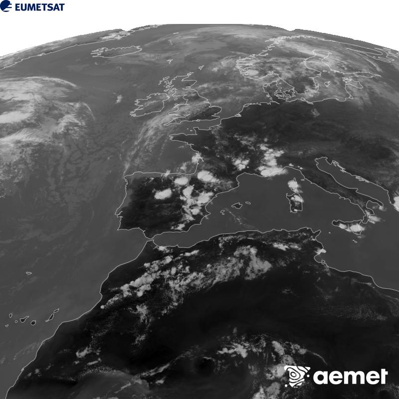 Esta imagen se genera utilizando informaci�n del canal Infrarrojo 10.5 �m del sat�lite METEOSAT-12, perteneciente a la tercera generaci�n de sat�lites Meteosat (MTG). Para que la imagen se asemeje m�s a la percepci�n del ojo humano, la escala de grises est� invertida. Las horas indicadas se refieren a la pen�nsula (una hora menos en las Islas Canarias).&nbsp;viernes, 14 agosto 2026 a las 16:00