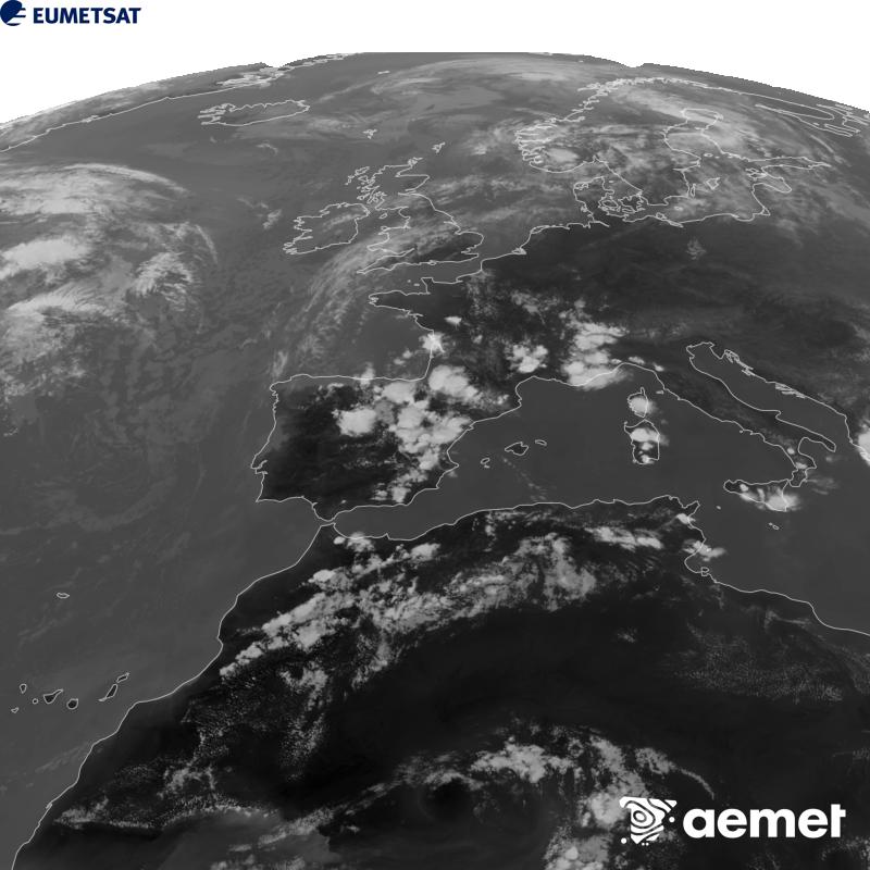 Esta imagen se genera utilizando informaci�n del canal Infrarrojo 10.5 �m del sat�lite METEOSAT-12, perteneciente a la tercera generaci�n de sat�lites Meteosat (MTG). Para que la imagen se asemeje m�s a la percepci�n del ojo humano, la escala de grises est� invertida. Las horas indicadas se refieren a la pen�nsula (una hora menos en las Islas Canarias).&nbsp;viernes, 14 agosto 2026 a las 17:00