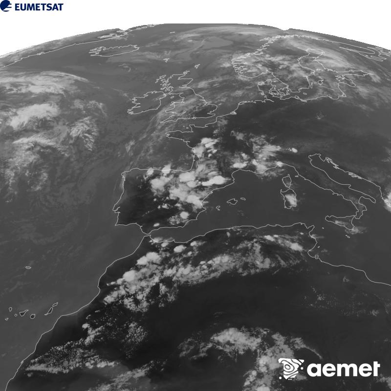 Esta imagen se genera utilizando informaci�n del canal Infrarrojo 10.5 �m del sat�lite METEOSAT-12, perteneciente a la tercera generaci�n de sat�lites Meteosat (MTG). Para que la imagen se asemeje m�s a la percepci�n del ojo humano, la escala de grises est� invertida. Las horas indicadas se refieren a la pen�nsula (una hora menos en las Islas Canarias).&nbsp;viernes, 14 agosto 2026 a las 19:00