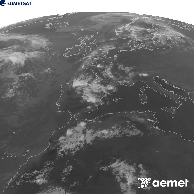 Esta imagen se genera utilizando informaci�n del canal Infrarrojo 10.5 �m del sat�lite METEOSAT-12, perteneciente a la tercera generaci�n de sat�lites Meteosat (MTG). Para que la imagen se asemeje m�s a la percepci�n del ojo humano, la escala de grises est� invertida. Las horas indicadas se refieren a la pen�nsula (una hora menos en las Islas Canarias).&nbsp;viernes, 14 agosto 2026 a las 23:00
