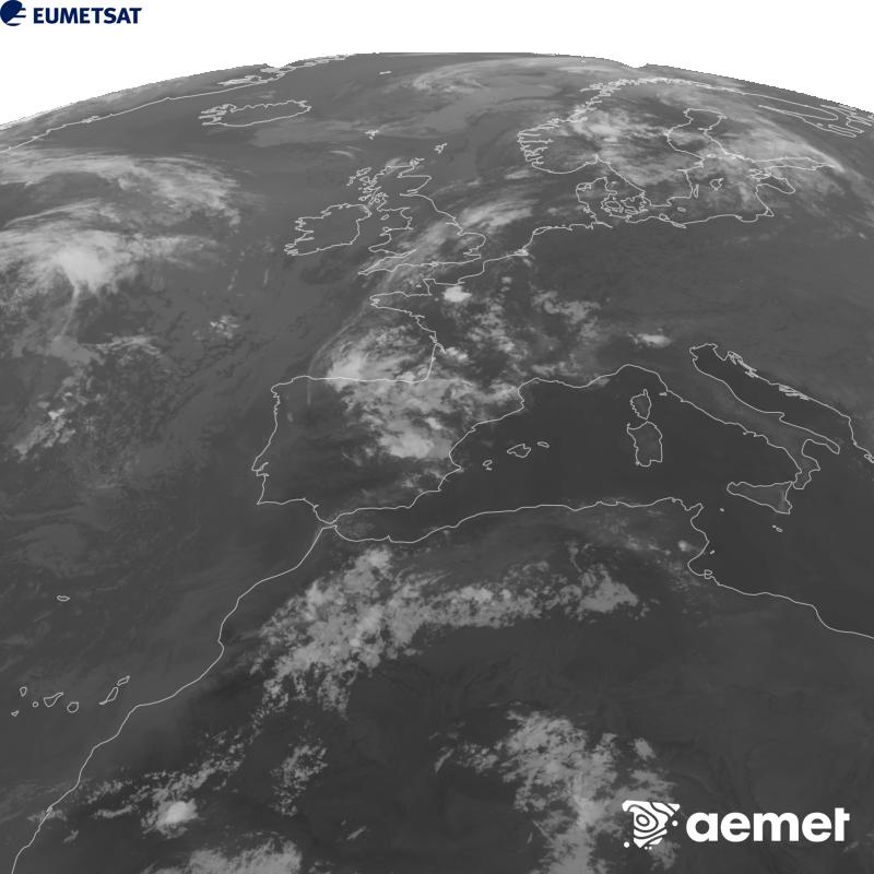 Esta imagen se genera utilizando informaci�n del canal Infrarrojo 10.5 �m del sat�lite METEOSAT-12, perteneciente a la tercera generaci�n de sat�lites Meteosat (MTG). Para que la imagen se asemeje m�s a la percepci�n del ojo humano, la escala de grises est� invertida. Las horas indicadas se refieren a la pen�nsula (una hora menos en las Islas Canarias).&nbsp;s�bado, 15 agosto 2026 a las 00:00