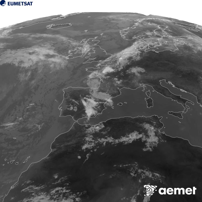 Esta imagen se genera utilizando informaci�n del canal Infrarrojo 10.5 �m del sat�lite METEOSAT-12, perteneciente a la tercera generaci�n de sat�lites Meteosat (MTG). Para que la imagen se asemeje m�s a la percepci�n del ojo humano, la escala de grises est� invertida. Las horas indicadas se refieren a la pen�nsula (una hora menos en las Islas Canarias).&nbsp;s�bado, 15 agosto 2026 a las 11:00