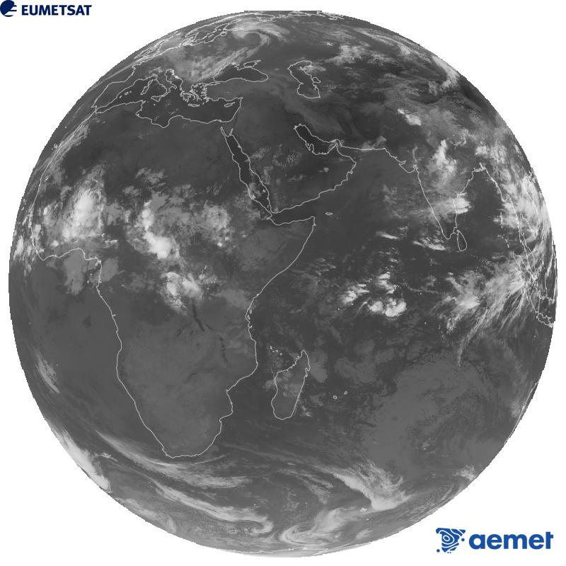 Imagen global del canal infrarrojo (longitud de onda 10.8 �m) del sat�lite geoestacionario europeo Meteosat-9, perteneciente a la segunda generaci�n de sat�lites Meteosat. Las horas indicadas se refieren a la pen�nsula (una hora menos en las Islas Canarias).&nbsp;mi�rcoles, 19 agosto 2026 a las 05:00