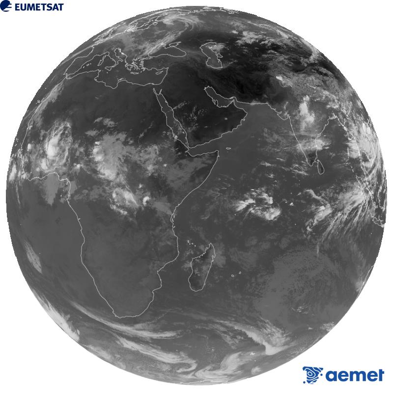 Imagen global del canal infrarrojo (longitud de onda 10.8 �m) del sat�lite geoestacionario europeo Meteosat-9, perteneciente a la segunda generaci�n de sat�lites Meteosat. Las horas indicadas se refieren a la pen�nsula (una hora menos en las Islas Canarias).&nbsp;mi�rcoles, 19 agosto 2026 a las 08:00