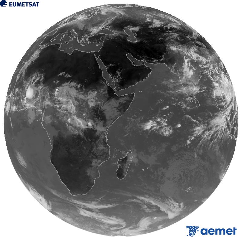 Imagen global del canal infrarrojo (longitud de onda 10.8 �m) del sat�lite geoestacionario europeo Meteosat-9, perteneciente a la segunda generaci�n de sat�lites Meteosat. Las horas indicadas se refieren a la pen�nsula (una hora menos en las Islas Canarias).&nbsp;mi�rcoles, 19 agosto 2026 a las 11:00