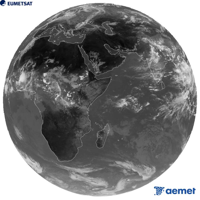 Imagen global del canal infrarrojo (longitud de onda 10.8 �m) del sat�lite geoestacionario europeo Meteosat-9, perteneciente a la segunda generaci�n de sat�lites Meteosat. Las horas indicadas se refieren a la pen�nsula (una hora menos en las Islas Canarias).&nbsp;mi�rcoles, 19 agosto 2026 a las 14:00