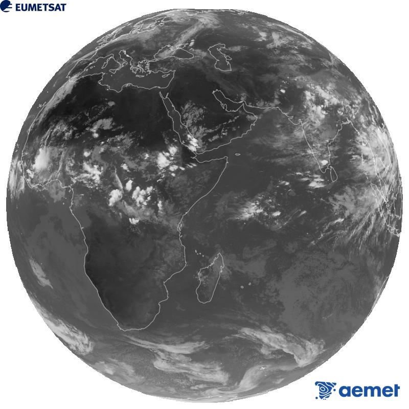 Imagen global del canal infrarrojo (longitud de onda 10.8 �m) del sat�lite geoestacionario europeo Meteosat-9, perteneciente a la segunda generaci�n de sat�lites Meteosat. Las horas indicadas se refieren a la pen�nsula (una hora menos en las Islas Canarias).&nbsp;mi�rcoles, 19 agosto 2026 a las 17:00
