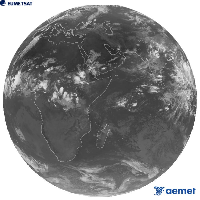 Imagen global del canal infrarrojo (longitud de onda 10.8 �m) del sat�lite geoestacionario europeo Meteosat-9, perteneciente a la segunda generaci�n de sat�lites Meteosat. Las horas indicadas se refieren a la pen�nsula (una hora menos en las Islas Canarias).&nbsp;mi�rcoles, 19 agosto 2026 a las 20:00