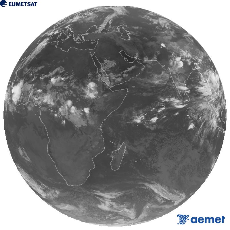 Imagen global del canal infrarrojo (longitud de onda 10.8 �m) del sat�lite geoestacionario europeo Meteosat-9, perteneciente a la segunda generaci�n de sat�lites Meteosat. Las horas indicadas se refieren a la pen�nsula (una hora menos en las Islas Canarias).&nbsp;mi�rcoles, 19 agosto 2026 a las 23:00