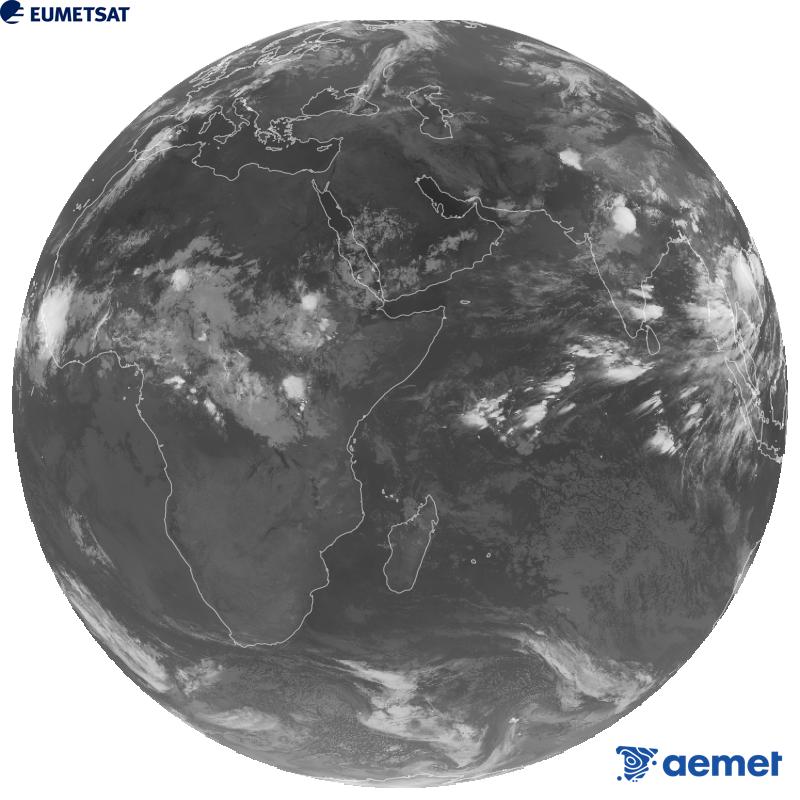 Imagen global del canal infrarrojo (longitud de onda 10.8 �m) del sat�lite geoestacionario europeo Meteosat-9, perteneciente a la segunda generaci�n de sat�lites Meteosat. Las horas indicadas se refieren a la pen�nsula (una hora menos en las Islas Canarias).&nbsp;jueves, 20 agosto 2026 a las 02:00