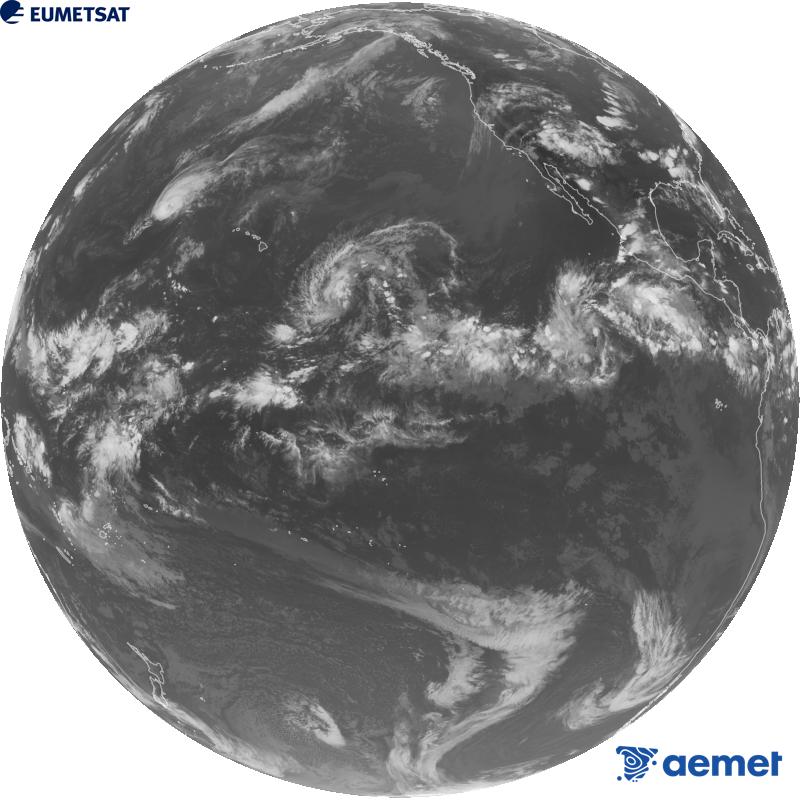 Imagen global del canal infrarrojo (longitud de onda 10.3 �m) del sat�lite estadounidense GOES-18. Las horas indicadas se refieren a la pen�nsula (una hora menos en las Islas Canarias).&nbsp;viernes, 21 agosto 2026 a las 05:00
