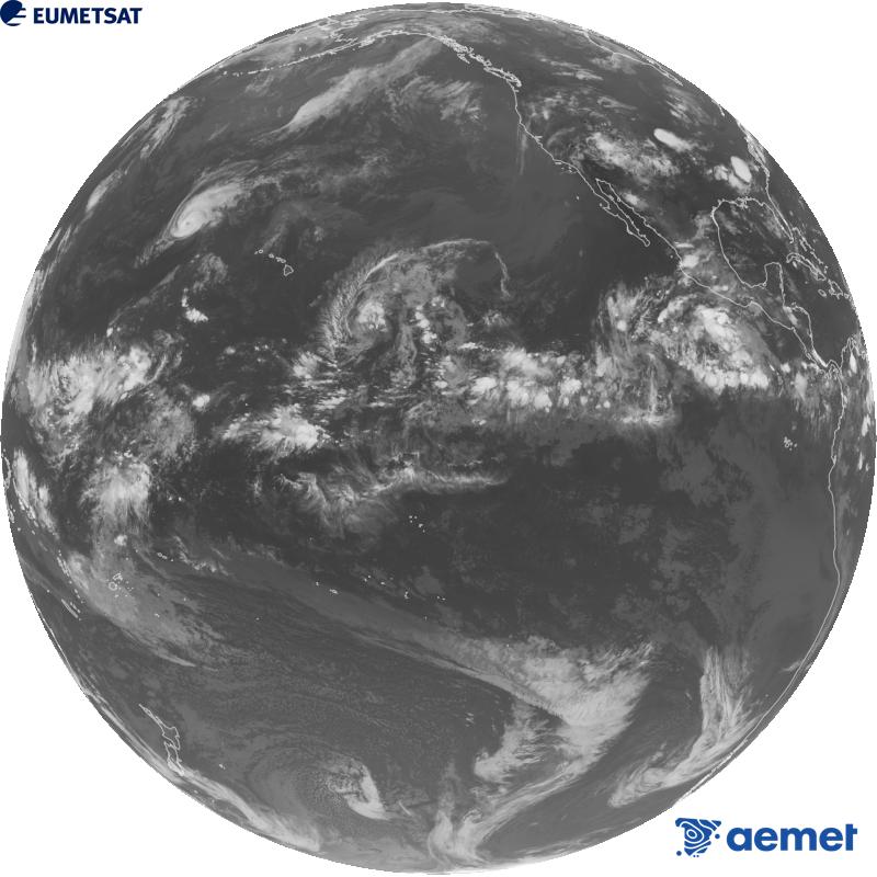 Imagen global del canal infrarrojo (longitud de onda 10.3 �m) del sat�lite estadounidense GOES-18. Las horas indicadas se refieren a la pen�nsula (una hora menos en las Islas Canarias).&nbsp;viernes, 21 agosto 2026 a las 08:00