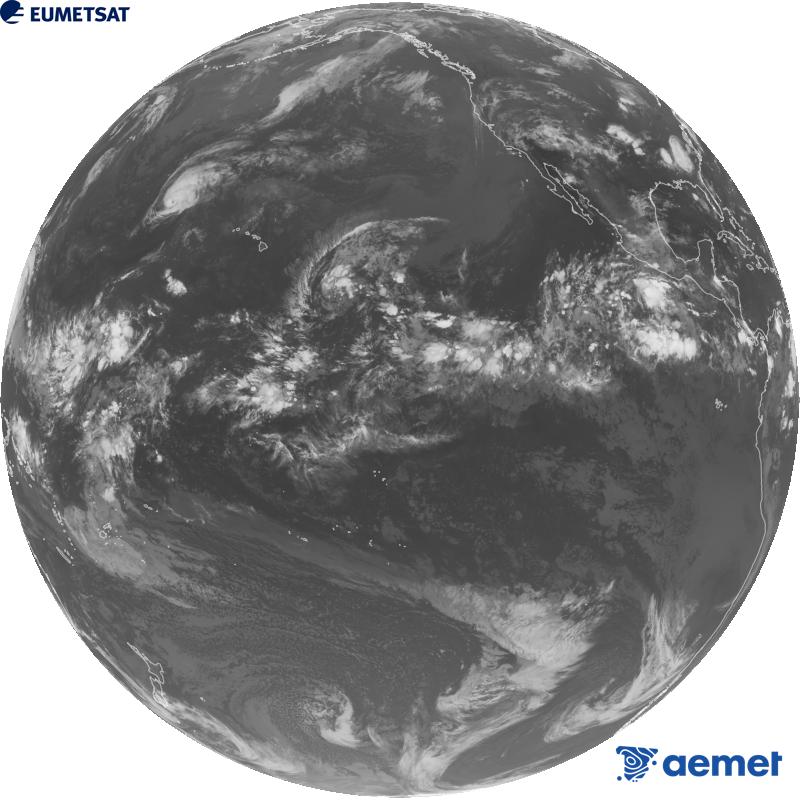 Imagen global del canal infrarrojo (longitud de onda 10.3 �m) del sat�lite estadounidense GOES-18. Las horas indicadas se refieren a la pen�nsula (una hora menos en las Islas Canarias).&nbsp;viernes, 21 agosto 2026 a las 11:00