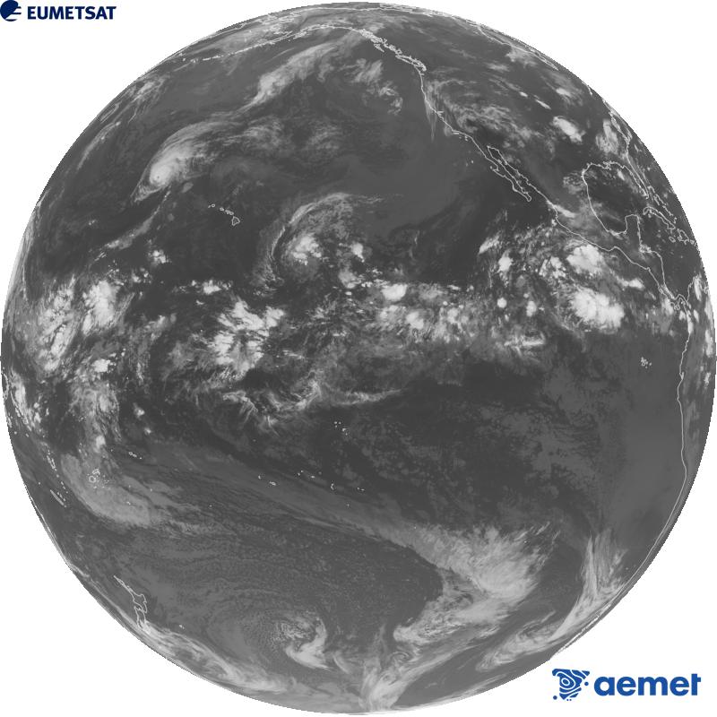 Imagen global del canal infrarrojo (longitud de onda 10.3 �m) del sat�lite estadounidense GOES-18. Las horas indicadas se refieren a la pen�nsula (una hora menos en las Islas Canarias).&nbsp;viernes, 21 agosto 2026 a las 14:00