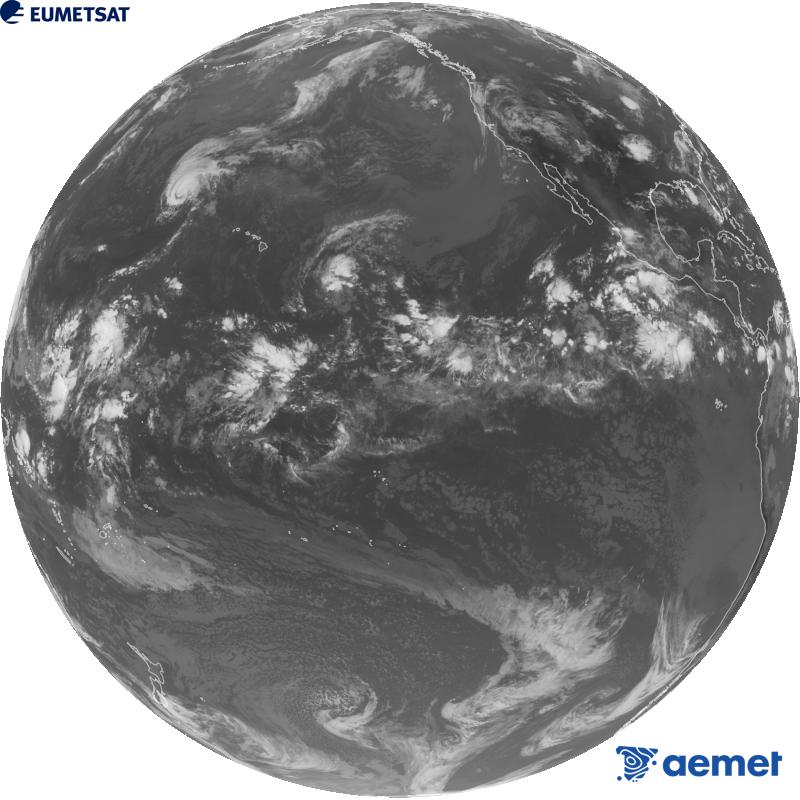 Imagen global del canal infrarrojo (longitud de onda 10.3 �m) del sat�lite estadounidense GOES-18. Las horas indicadas se refieren a la pen�nsula (una hora menos en las Islas Canarias).&nbsp;viernes, 21 agosto 2026 a las 17:00