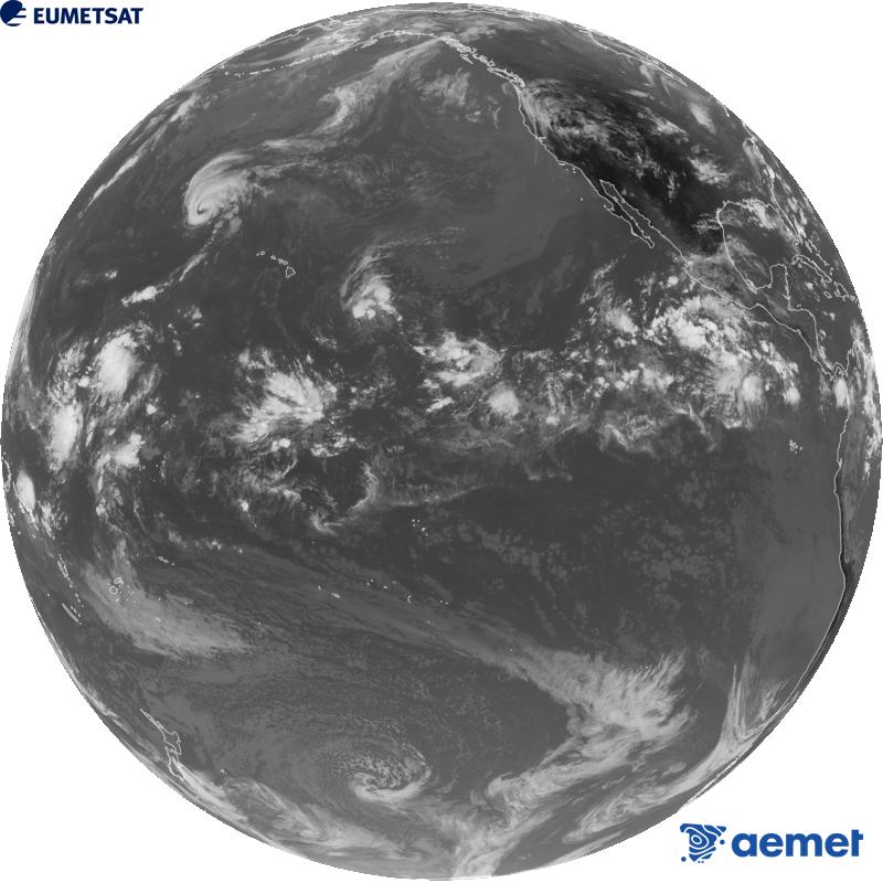 Imagen global del canal infrarrojo (longitud de onda 10.3 �m) del sat�lite estadounidense GOES-18. Las horas indicadas se refieren a la pen�nsula (una hora menos en las Islas Canarias).&nbsp;viernes, 21 agosto 2026 a las 20:00