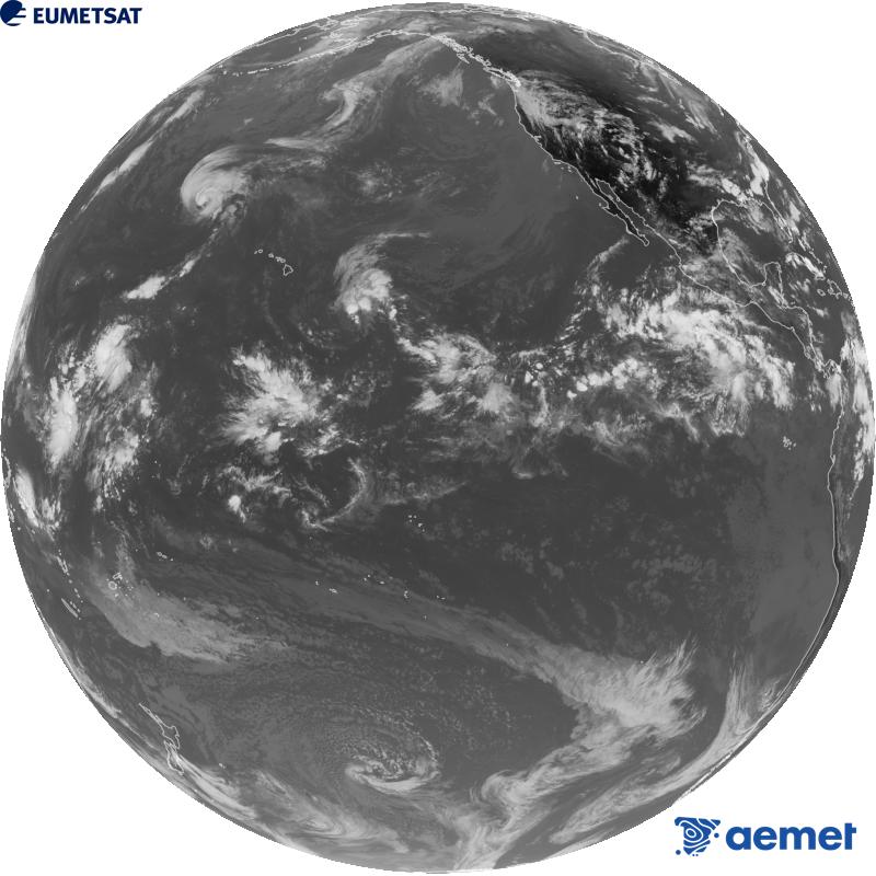 Imagen global del canal infrarrojo (longitud de onda 10.3 �m) del sat�lite estadounidense GOES-18. Las horas indicadas se refieren a la pen�nsula (una hora menos en las Islas Canarias).&nbsp;viernes, 21 agosto 2026 a las 23:00