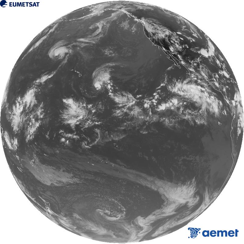 Imagen global del canal infrarrojo (longitud de onda 10.3 �m) del sat�lite estadounidense GOES-18. Las horas indicadas se refieren a la pen�nsula (una hora menos en las Islas Canarias).&nbsp;s�bado, 22 agosto 2026 a las 02:00
