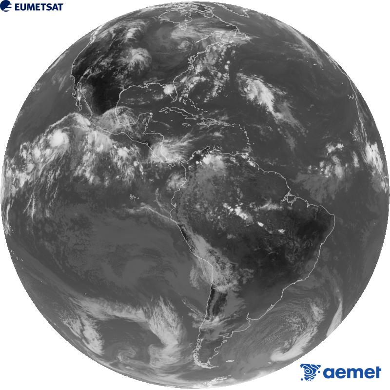 Imagen global del canal infrarrojo (longitud de onda 10.3 �m) del sat�lite geoestacionario estadounidense GOES-19. Las horas indicadas se refieren a la pen�nsula (una hora menos en las Islas Canarias).&nbsp;domingo, 23 agosto 2026 a las 20:00