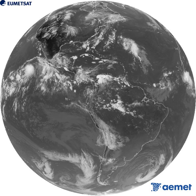 Imagen global del canal infrarrojo (longitud de onda 10.3 �m) del sat�lite geoestacionario estadounidense GOES-19. Las horas indicadas se refieren a la pen�nsula (una hora menos en las Islas Canarias).&nbsp;domingo, 23 agosto 2026 a las 23:00