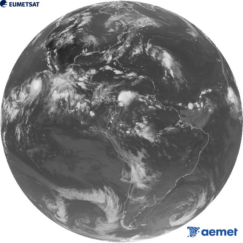 Imagen global del canal infrarrojo (longitud de onda 10.3 �m) del sat�lite geoestacionario estadounidense GOES-19. Las horas indicadas se refieren a la pen�nsula (una hora menos en las Islas Canarias).&nbsp;lunes, 24 agosto 2026 a las 02:00