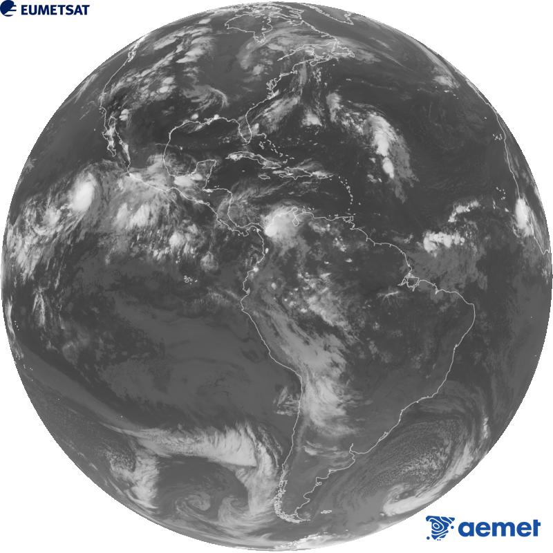 Imagen global del canal infrarrojo (longitud de onda 10.3 �m) del sat�lite geoestacionario estadounidense GOES-19. Las horas indicadas se refieren a la pen�nsula (una hora menos en las Islas Canarias).&nbsp;lunes, 24 agosto 2026 a las 05:00