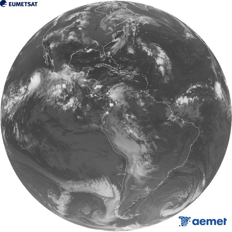 Imagen global del canal infrarrojo (longitud de onda 10.3 �m) del sat�lite geoestacionario estadounidense GOES-19. Las horas indicadas se refieren a la pen�nsula (una hora menos en las Islas Canarias).&nbsp;lunes, 24 agosto 2026 a las 08:00