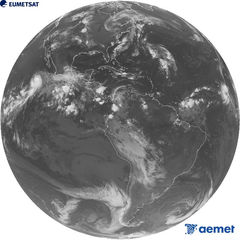 Imagen global del canal infrarrojo (longitud de onda 10.3 �m) del sat�lite geoestacionario estadounidense GOES-19. Las horas indicadas se refieren a la pen�nsula (una hora menos en las Islas Canarias).&nbsp;lunes, 24 agosto 2026 a las 11:00