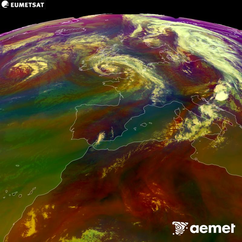 Cette image RVB est g�n�r�e � partir des donn�es des canaux infrarouges et de vapeur d'eau du satellite METEOSAT-12, qui fait partie de la troisi�me g�n�ration de satellites Meteosat (MTG). Elle donne une id�e des caract�ristiques des masses d'air. Les heures indiqu�es se rapportent � la p�ninsule (une heure de moins aux �les Canaries).&nbsp;samedi, 29 ao�t  2026 13:00