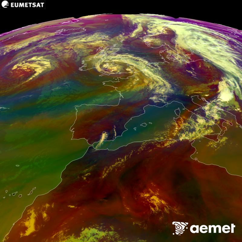 Cette image RVB est g�n�r�e � partir des donn�es des canaux infrarouges et de vapeur d'eau du satellite METEOSAT-12, qui fait partie de la troisi�me g�n�ration de satellites Meteosat (MTG). Elle donne une id�e des caract�ristiques des masses d'air. Les heures indiqu�es se rapportent � la p�ninsule (une heure de moins aux �les Canaries).&nbsp;samedi, 29 ao�t  2026 14:00