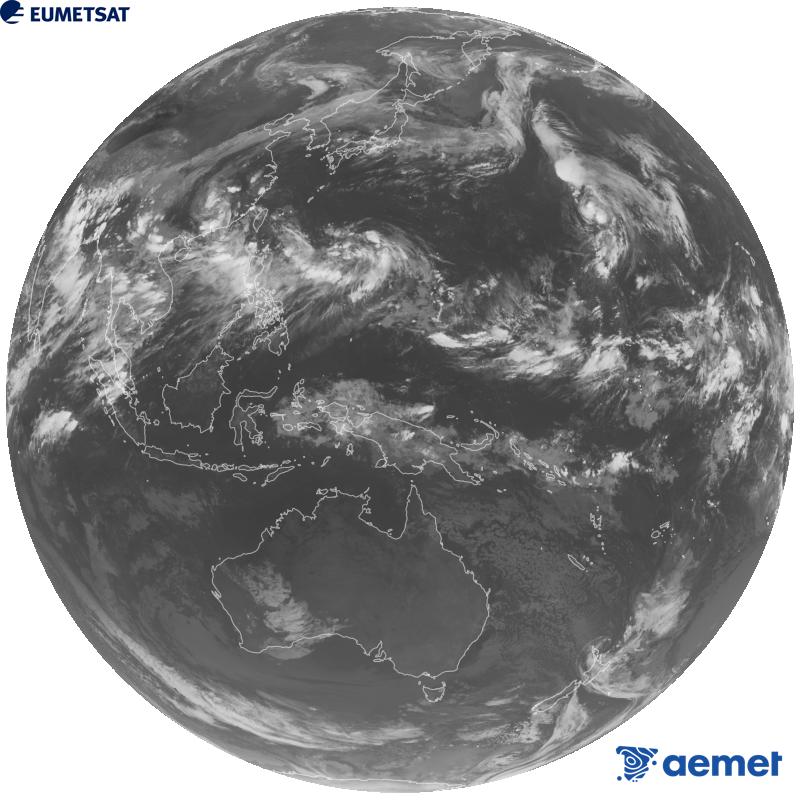 Imatge global del canal infraroig (longitud d'ona 10.4 �m) del sat�l�lit geoestacionari japon�s Himawari-9. Les hores indicades es refereixen a la pen�nsula (una hora menys a les Illes Can�ries).&nbsp;dissabte, 29 d?agost  2026 14:00