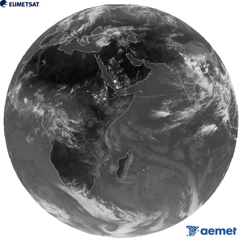 Imatge global del canal infraroig (longitud d'ona 10.8 �m) del sat�l�lit geoestacionari europeu Meteosat-9, pertanyent a la segona generaci� de sat�l�lits Meteosat. Les hores indicades es refereixen a la pen�nsula (una hora menys a les Illes Can�ries).&nbsp;dissabte, 29 d?agost  2026 14:00