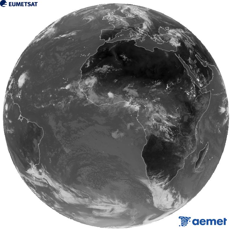 Imatge global del canal infraroig (longitud d'ona 10.5 �m) del sat�l�lit geoestacionari europeu Meteosat-12, pertanyent a la tercera generaci� de sat�l�lits Meteosat. Les hores indicades es refereixen a la pen�nsula (una hora menys a les Illes Can�ries).&nbsp;dissabte, 29 d?agost  2026 14:00