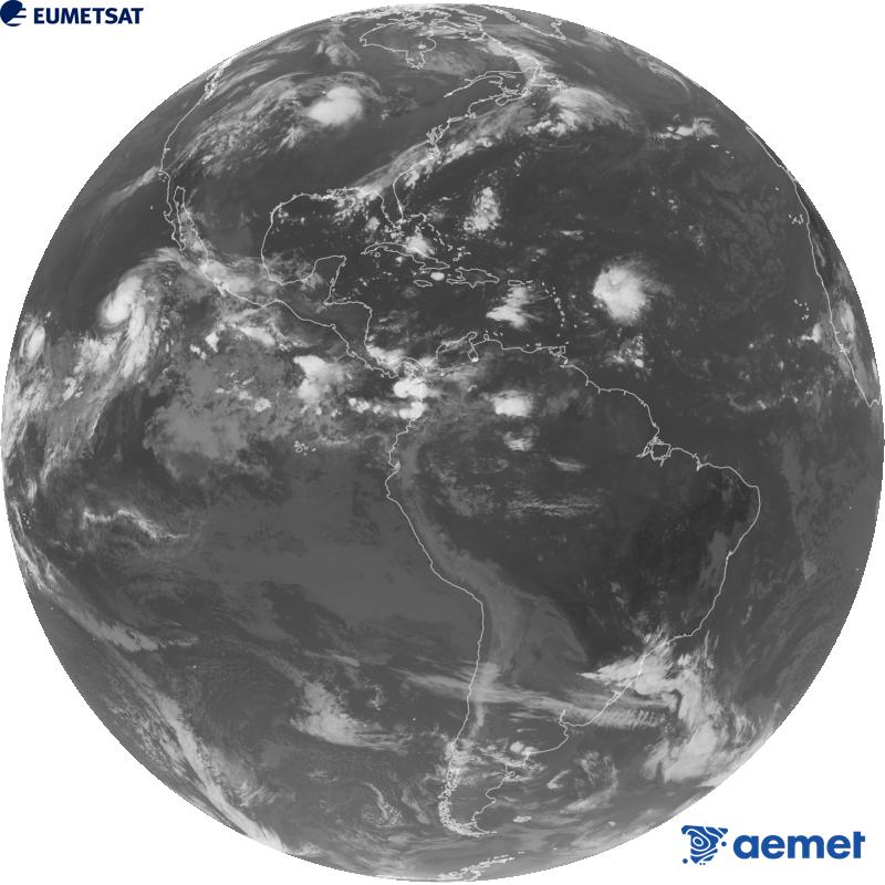 Imatge global del canal infraroig (longitud d'ona 10.3 �m) del sat�l�lit geoestacionari estatunidenc GOES-19. Les hores indicades es refereixen a la pen�nsula (una hora menys a les Illes Can�ries).&nbsp;dissabte, 29 d?agost  2026 14:00