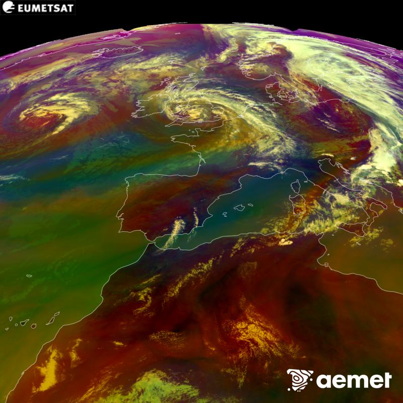 Cette image RVB est g�n�r�e � partir des donn�es des canaux infrarouges et de vapeur d'eau du satellite METEOSAT-12, qui fait partie de la troisi�me g�n�ration de satellites Meteosat (MTG). Elle donne une id�e des caract�ristiques des masses d'air. Les heures indiqu�es se rapportent � la p�ninsule (une heure de moins aux �les Canaries).&nbsp;samedi, 29 ao�t  2026 15:00